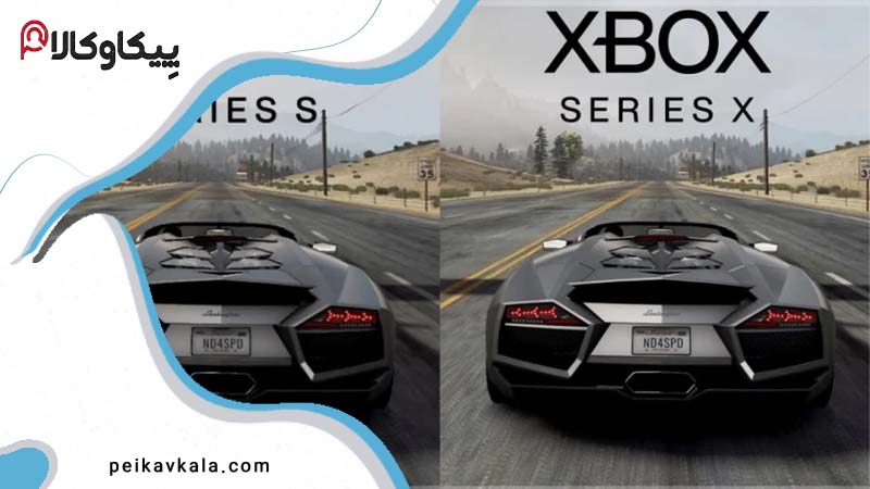 مقایسه کیفیت گرافیکی بازی در دو کنسول Xbox Series S و Series X با نمایش تصویر یک خودرو مشکی در